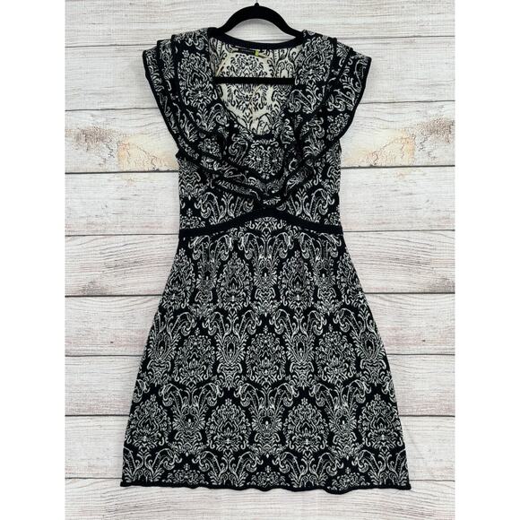 Leifsdottir Anthropologie Knit Fit Flare Dress Womens Large Black White Print - Picture 1 of 10